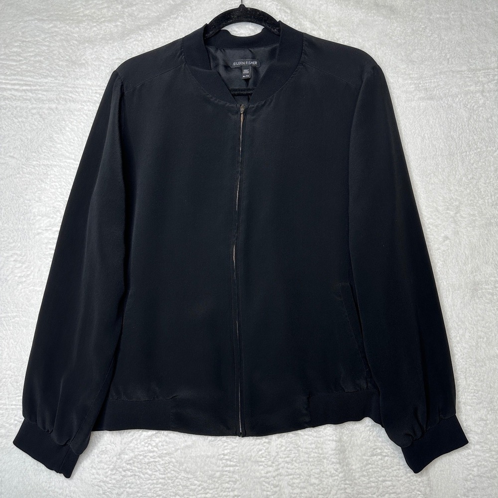 Eileen Fisher Silk Bomber Jacket Women XL Black Full Zip Ribbed Trim